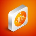 Isometric Ten discount percent tag icon isolated on orange background. Shopping tag sign. Special offer sign. Discount Royalty Free Stock Photo