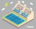 Isometric tennis stadium with outdoor court and tribune. Sport field with players and fans, flat vector illustration.