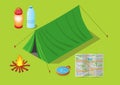 Isometric of tent, water bottle, lighter, bonfire, map, and compass Print