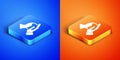 Isometric Test tube and flask in hand icon isolated on blue and orange background. Chemical laboratory test. Laboratory