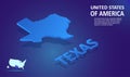 Isometric Texas State map on blue and glowing background. 3D Detailed Map in perspective with place for your text or description.