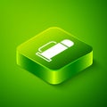 Isometric Thermos container icon isolated on green background. Thermo flask icon. Camping and hiking equipment. Green Royalty Free Stock Photo