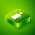 Isometric Thermos container icon isolated on green background. Thermo flask icon. Camping and hiking equipment. Green