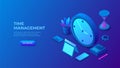 Isometric time management banner on the dark backgrounds. Work schedule optimization concept Royalty Free Stock Photo