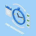 Isometric time management, quick reaction awakening and planning and strategy concept. Time management tool to organize work,