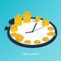 Isometric time is money,time management business clock gold pile coin vector Royalty Free Stock Photo