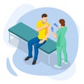 Isometric Time to vaccinate concept. Doctor or nurse, scientist giving patient vaccine, COVID-19, flu or influenza shot