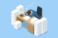 isometric tired overworked employee sleeping in the office. Tiredness and exhaustion concept. Tired male employee