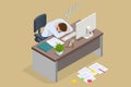 isometric tired overworked employee sleeping in the office. Tiredness and exhaustion concept. Tired businessman sleeping