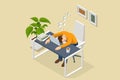 Isometric tired overworked employee sleeping in the office. Tiredness and exhaustion concept. Tired businessman sleeping Royalty Free Stock Photo