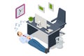 Isometric tired overworked employee sleeping in the office. Tiredness and exhaustion concept. Tired businessman sleeping