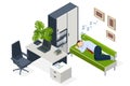 Isometric tired overworked employee sleeping in the office. Tiredness and exhaustion concept. Tired businessman sleeping