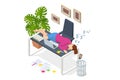 Isometric tired overworked employee sleeping in the office. Tiredness and exhaustion concept. Tired female office worker Royalty Free Stock Photo