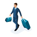 Isometric to the handsome young man on a business trip, comes with his luggage at the airport. Traveling businessman