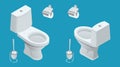 Isometric Toilet equipment collection for interior design. Set of different toilet sinks types. Vector illustration