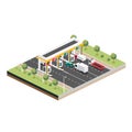 Isometric Toll Road with Trucks and Cars. Payment Checkpoint. Toll Collection Area in the Turnpike