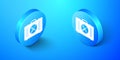 Isometric Toolbox icon isolated on blue background. Tool box sign. Blue circle button. Vector