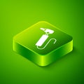 Isometric Tooth drill icon isolated on green background. Dental handpiece for drilling and grinding tools. Green square