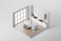 Isometric top view of white kitchen set interior with table and chairs, window Royalty Free Stock Photo