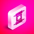 Isometric Torah scroll icon isolated on pink background. Jewish Torah in expanded form. Star of David symbol. Old