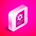 Isometric Torah scroll icon isolated on pink background. Jewish Torah in expanded form. Star of David symbol. Old