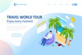 Isometric Tourism and Booking App concept. Travel equipment and luggage on a mobile laptop touch screen. Travel and