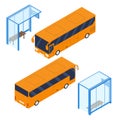 Isometric tourist bus and blue bus stop.