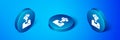 Isometric Tourist icon isolated on blue background. Travelling, vacation, tourism concept. Blue circle button. Vector