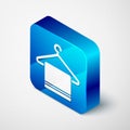 Isometric Towel on a hanger icon isolated on grey background. Bathroom towel icon. Blue square button. Vector