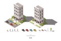 Isometric town buildings with people, car and tree vector icon