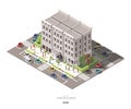 Isometric town buildings with people, car and tree vector icon