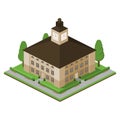 Isometric town hall with background, trees, pavement.