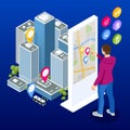 Isometric town map with GPS navigation mobile application, Traveling Navigation, interactive city navigation. City