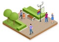 Isometric town map with GPS navigation mobile application, Traveling Navigation, interactive city navigation. City