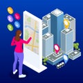 Isometric town map with GPS navigation mobile application, Traveling Navigation, interactive city navigation. City