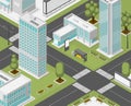 Isometric town. Simple apartments and business buildings, crossroad and public transport stop. Ad billboards on street