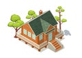 Isometric town wooden house with trees Royalty Free Stock Photo