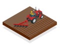 Isometric Tractor works in a field. Agriculture machinery. Plowing in the field. Heavy agricultural machinery for
