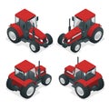 Isometric Tractor works in a field. Agriculture machinery. Plowing in the field. Heavy agricultural machinery for