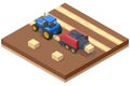 Isometric Tractors Mowing, Raking, Baling Hay. Hay stacks after harvesting grain crops. Tractor with yellow big square Royalty Free Stock Photo