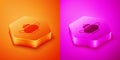 Isometric Traditional Chinese tea ceremony icon isolated on orange and pink background. Teapot with cup. Hexagon button Royalty Free Stock Photo