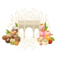 Isometric traditional turkish delight, fruit and nut dessert isolated on white, monogram pattern vector illustration.