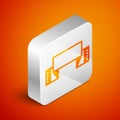 Isometric Traditional Ukrainian embroidered towel icon isolated on orange background. Silver square button. Vector