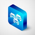 Isometric Traffic jam on the road icon isolated on grey background. Road transport. Blue square button. Vector