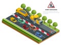 Isometric traffic on the road, road repairs concept. Cold milling machine removing asphalt layer on a road.