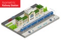 Isometric Train Station building with passenger trains, platform.