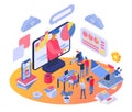 Isometric training course vector illustration, cartoon 3d trainer character teaching people students, using video call