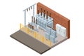 Isometric Transformer . Electric Energy Factory Distribution Chain. Isolated set Icon Energy Substation. High-Voltage