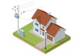 Isometric Transformer . Electric Energy Factory Distribution Chain. Power distribution with the house, high voltage