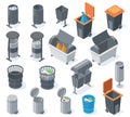 Isometric trash bins, 3d garbage rubbish can, waste recycle baskets. City waste sorting and recycling containers vector